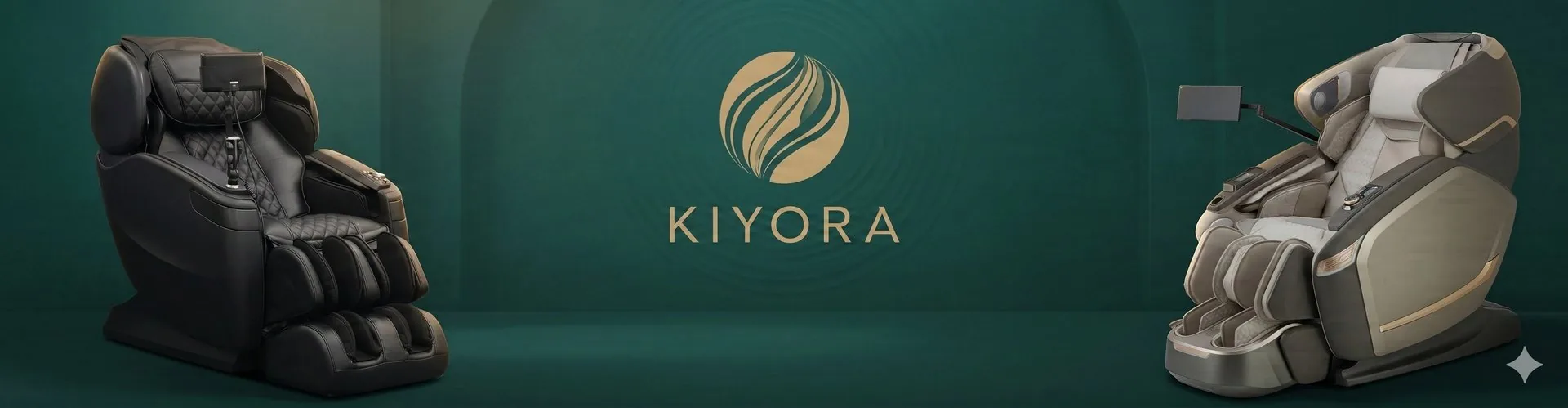 Kiyora massagestoelen met logo in jade-groene setting